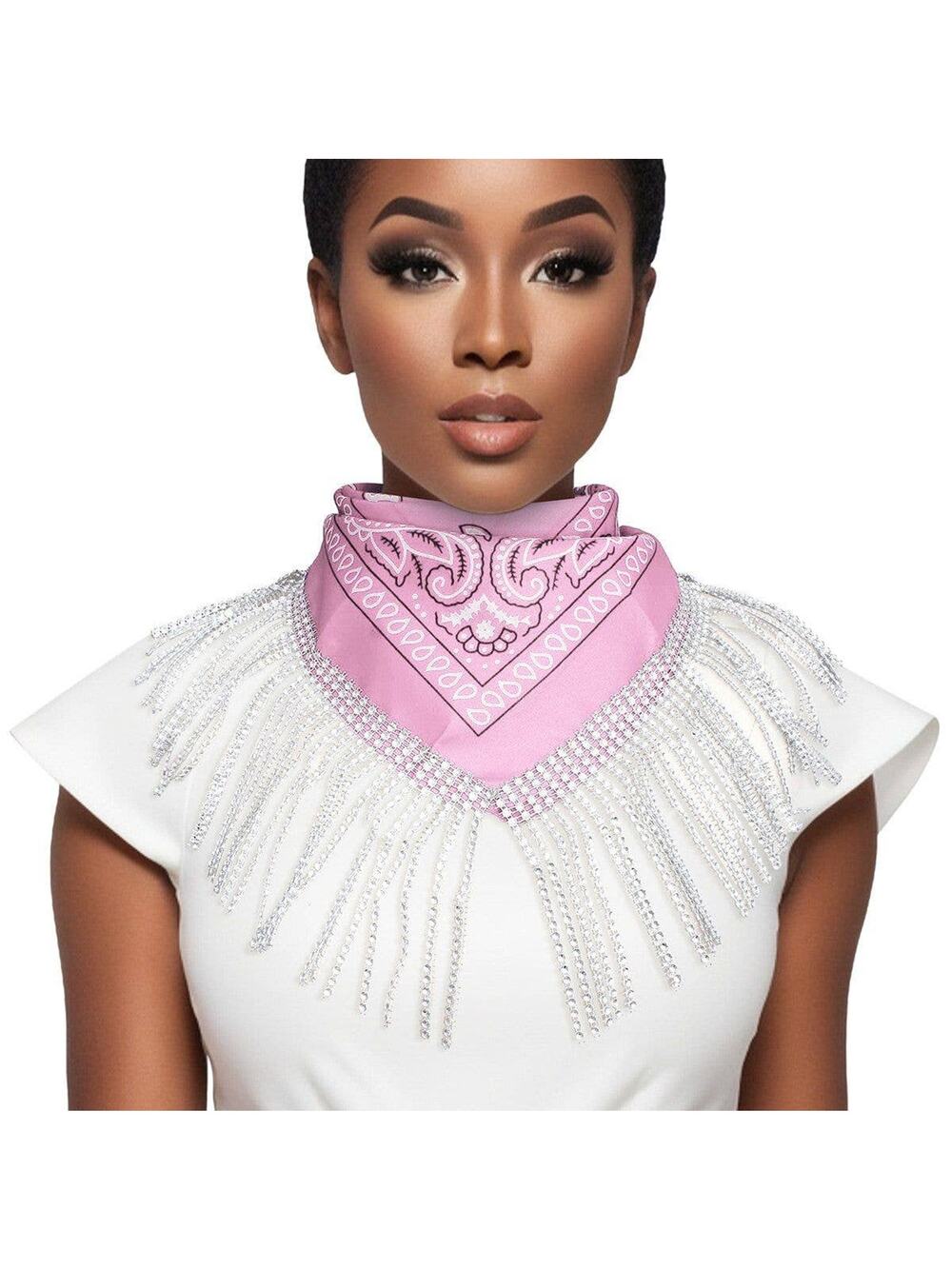 AKA Pink & White Bandana Bling Fringe Scarf Necklace